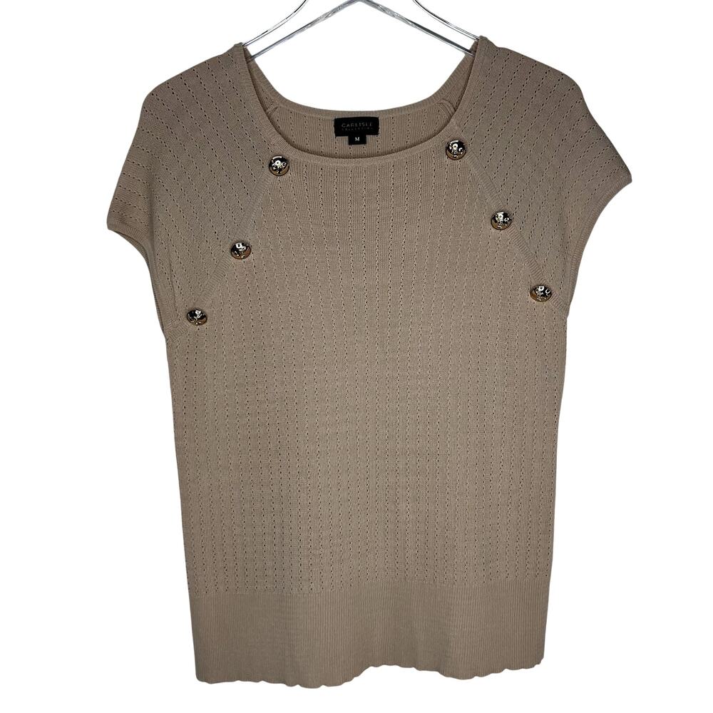 Carlisle Tan Knit Dolman Short Sleeve Top GoldButton Scoop Neck MEDIUM